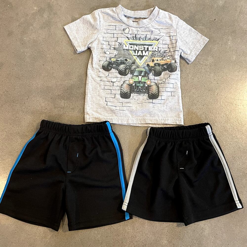 Monster Truck Jam Show Gray tee black shorts outfit set bundle boys 2T autograph
